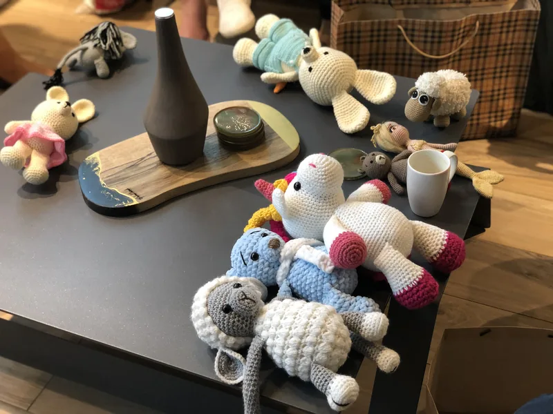 ⁨Crocheted toys brought to a design mentoring session.⁩