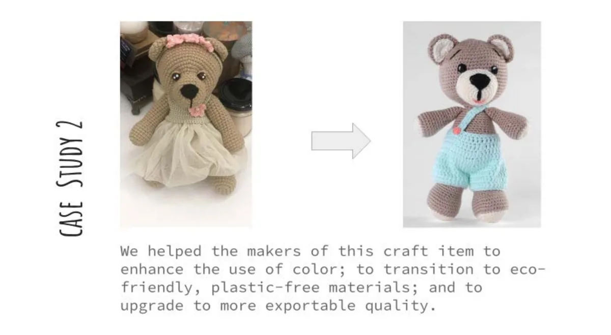Before and after of a crocheted bear: a lace dress and dust-coloured yarn, redesigned in blue dungarees with cleaner finishing