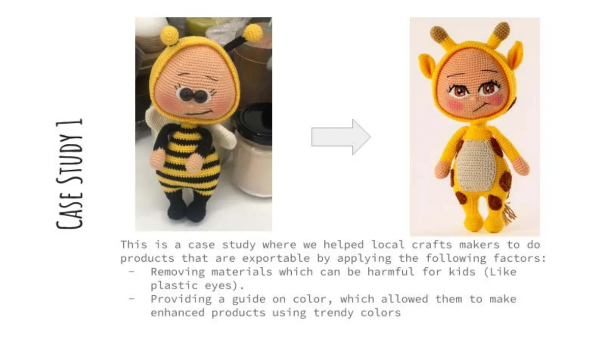 Before and after of a crocheted doll: a bee costume with hard plastic eyes, redesigned as a giraffe with embroidered eyes