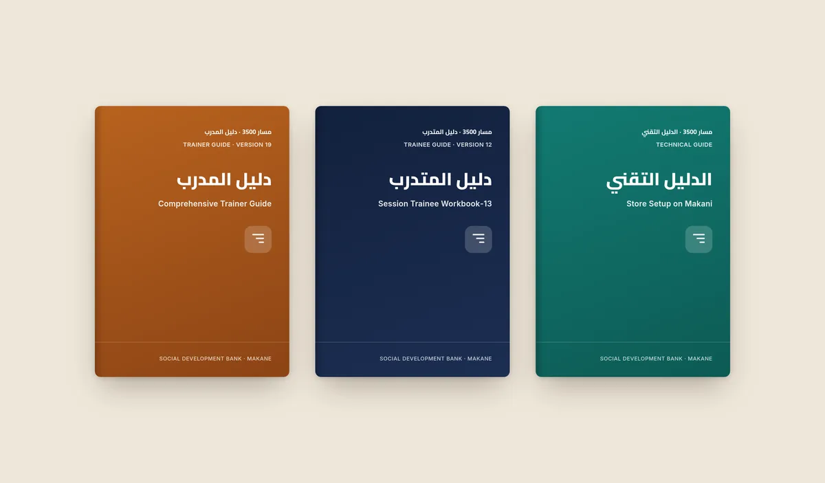 Trainer Guide, Trainee Guide and Technical Guide cover mockups for the Masar 3500 programme, in the Social Development Bank and MakanE partnership