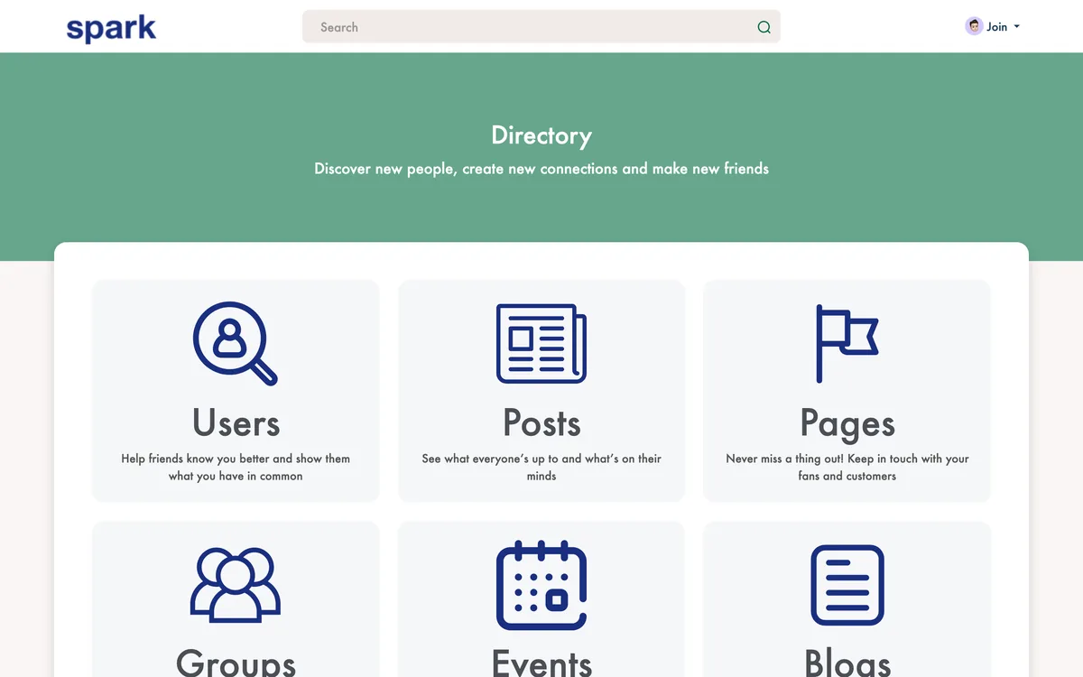 The SPARK Innovation Hub directory page, headed 'Discover new people, create new connections', with cards for Users, Posts, Pages, Groups, Events and Blogs