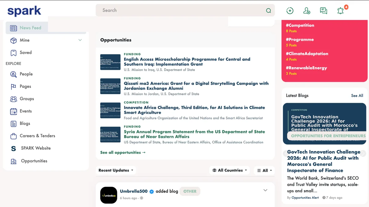 The signed-in SPARK Innovation Hub feed: a navigation rail listing People, Pages, Groups, Events, Blogs, Careers and Opportunities, beside a curated opportunities module and a post from Umbrella500