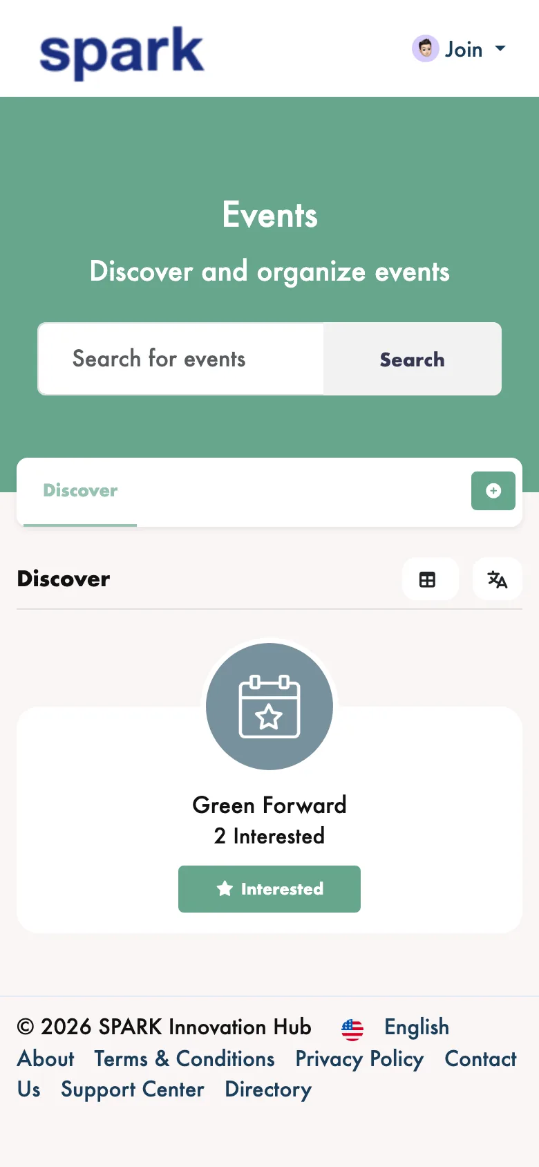 The SPARK Innovation Hub events page on a phone, showing a search field, a Green Forward event card, and a language switcher in the footer
