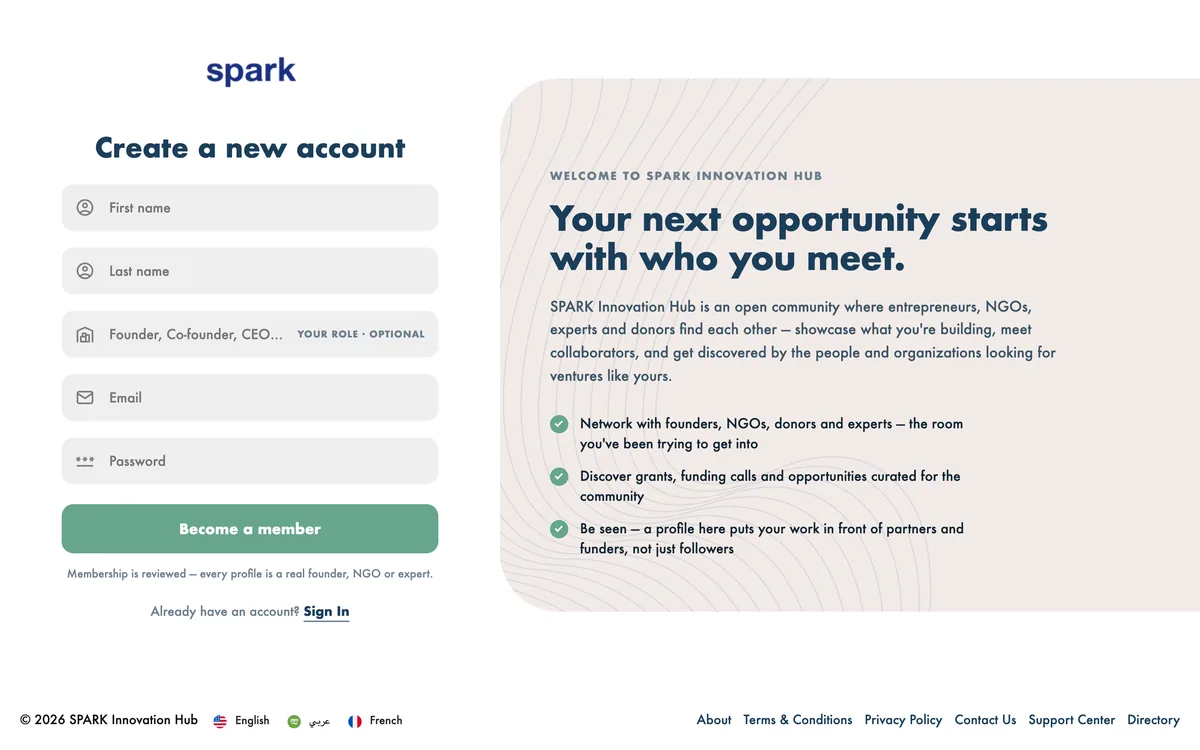 The SPARK Innovation Hub sign-up screen beside a panel reading Your next opportunity starts with who you meet